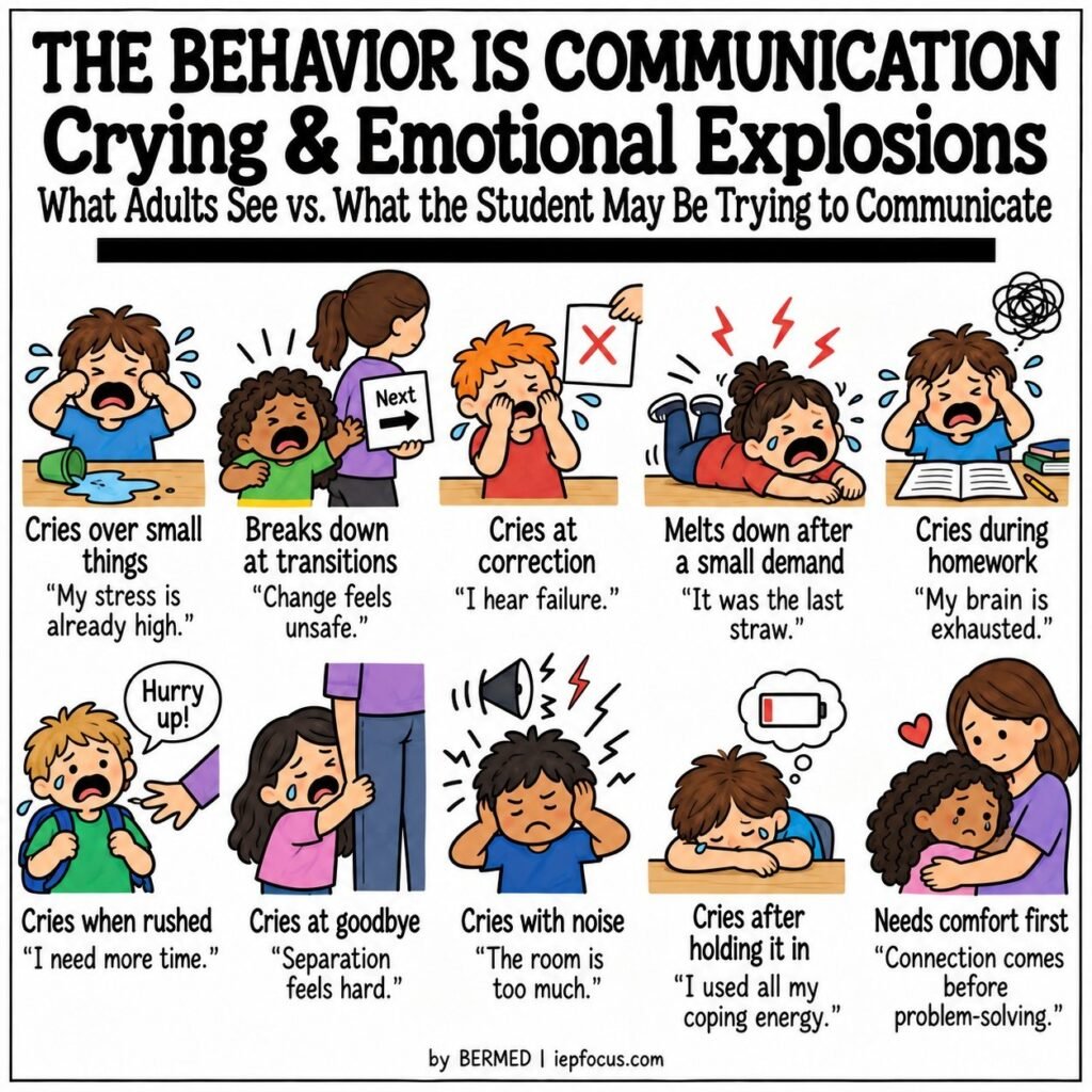 Behavior is communication: crying and emotional explosions, what adults see vs what the student may be trying to communicate
