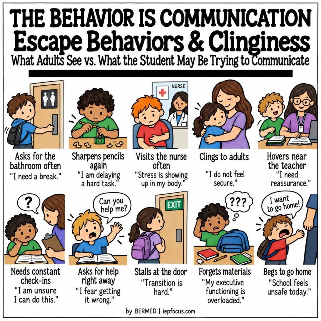 Behavior is communication: escape behaviors and clinginess, what adults see vs what the student may be trying to communicate