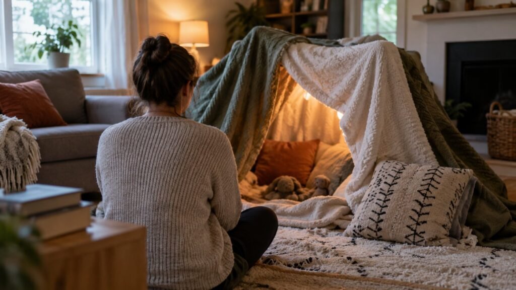 A calm parent staying close while a child works through big emotions