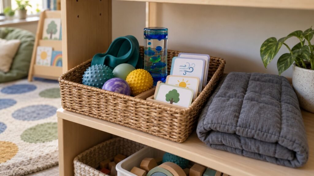 Calm corner in the classroom: a basket of sensory tools, a motion timer and breathing cards