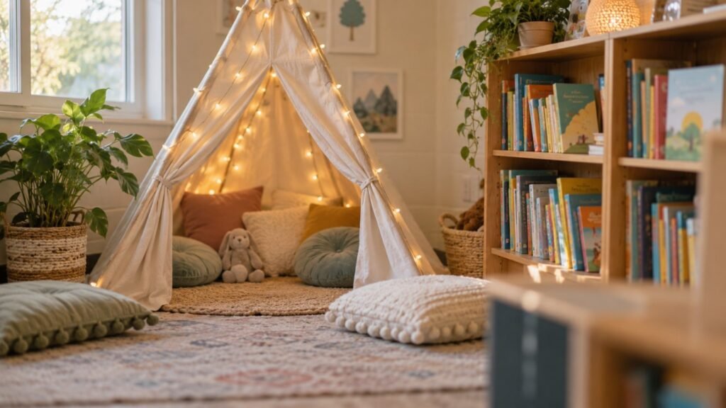 Calm corner in the classroom: a cozy pop-up tent with cushions and soft lights