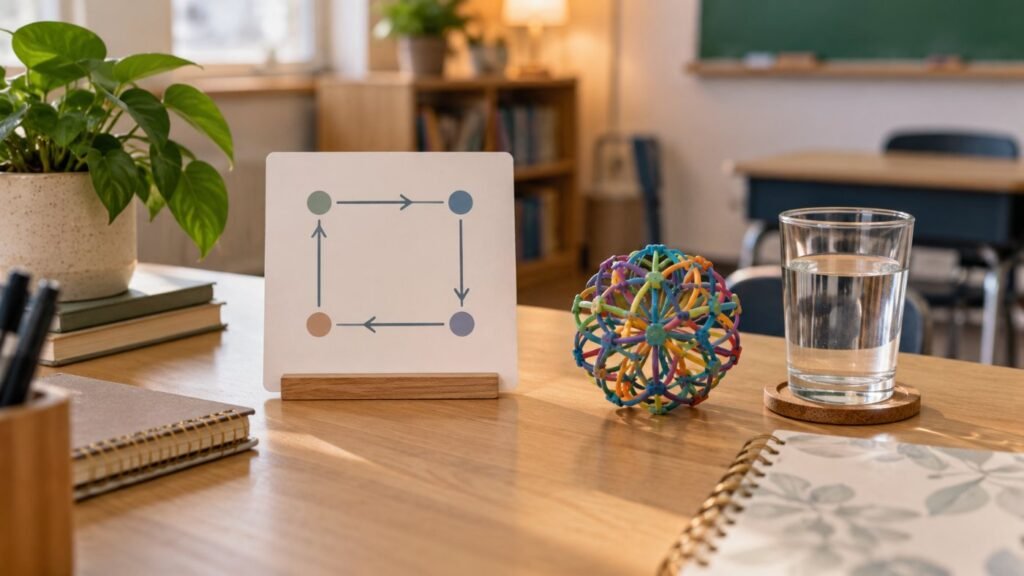 Co-regulation strategies: breathing tools and a visual breathing card on a teacher desk