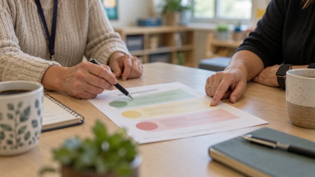 Co-regulation strategies: two staff members review a shared classroom regulation plan