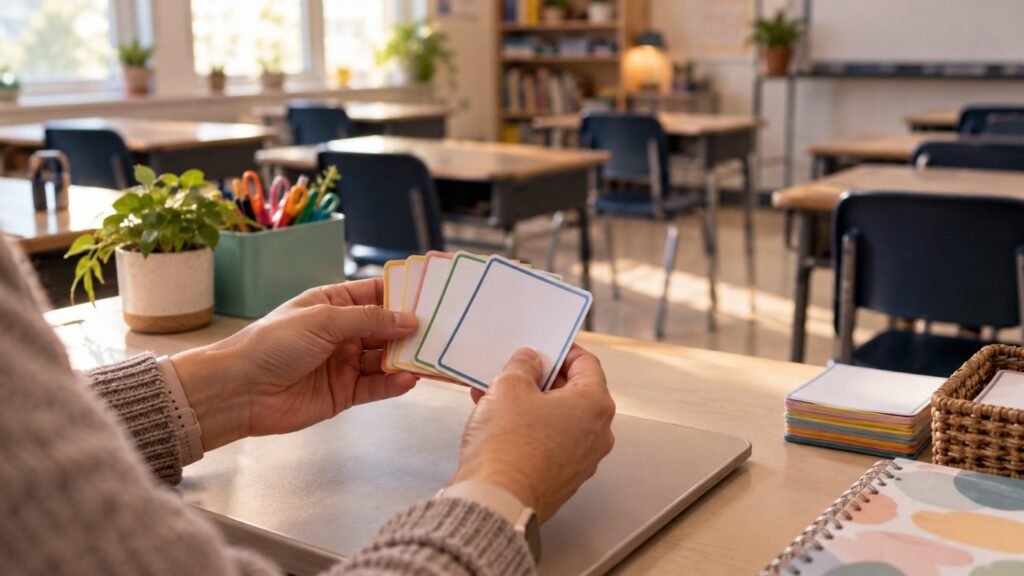 De-escalation scripts for teachers: an adult teacher hands holding small blank cue cards in a calm, empty classroom