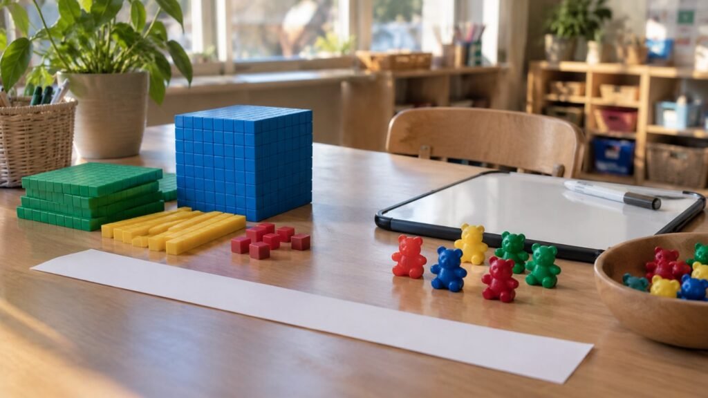 Dyscalculia in the classroom: base-ten blocks, counting bears and math manipulatives on a table