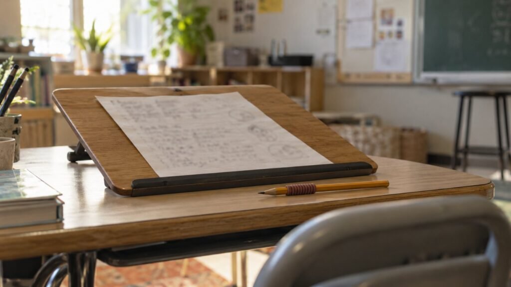 Dysgraphia in the classroom: pencil grip and slant board on a student desk