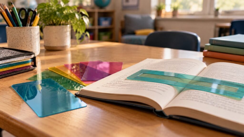 Dyslexia support: colored reading overlays, a reading ruler and an open book on a classroom table