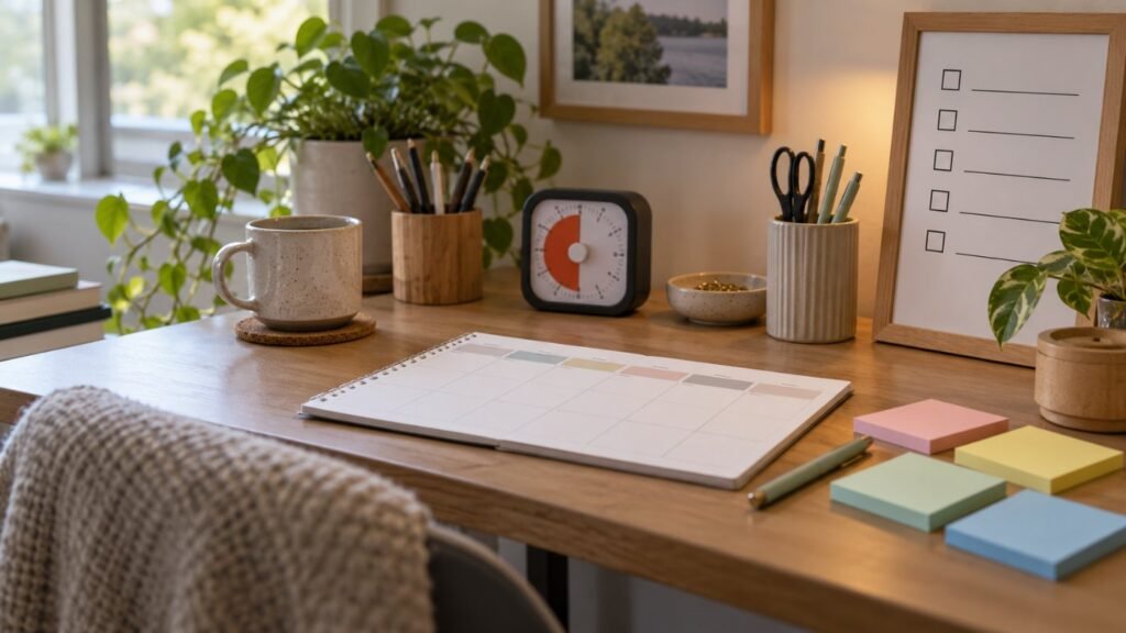 Executive function: a home desk with a weekly planner, colorful sticky notes, a visual timer and a simple checklist board