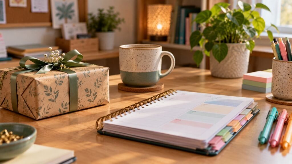 Gifts for special education teachers: Gifts for SPED teachers: a wrapped gift box, a mug, a planner and colorful pens arranged on a desk