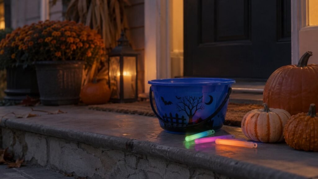 A blue bucket for Halloween with autistic children