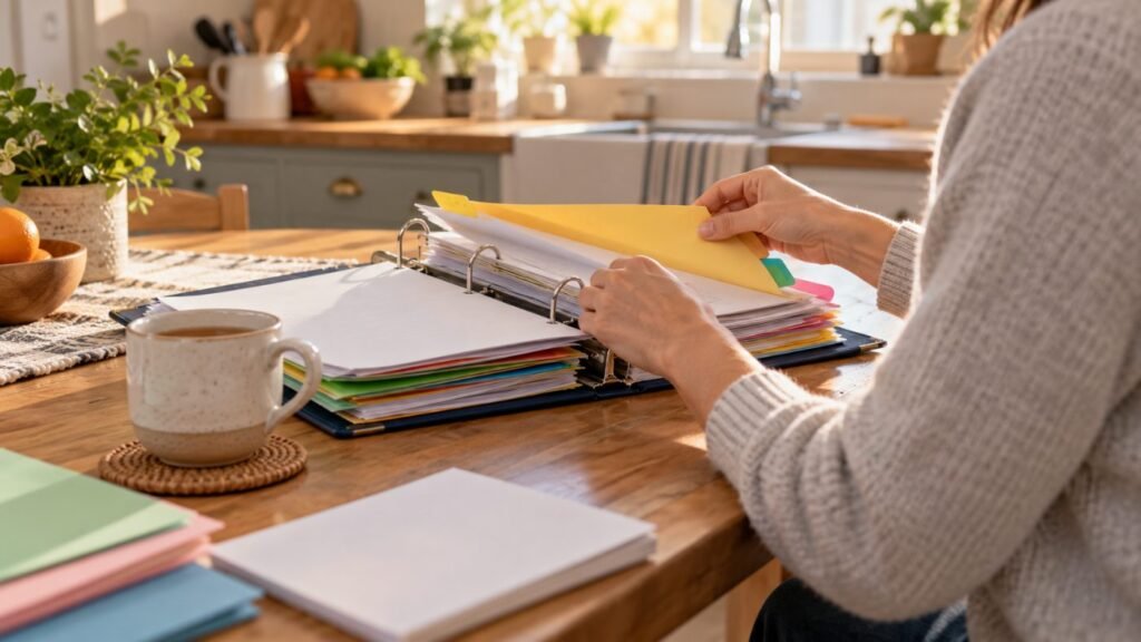 IDEA special education law: parent organizing an IEP binder at home