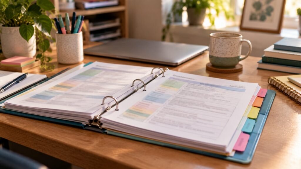 IEP goal bank: a binder with colored tabs and printed goal sheets with blurred unreadable text on a desk