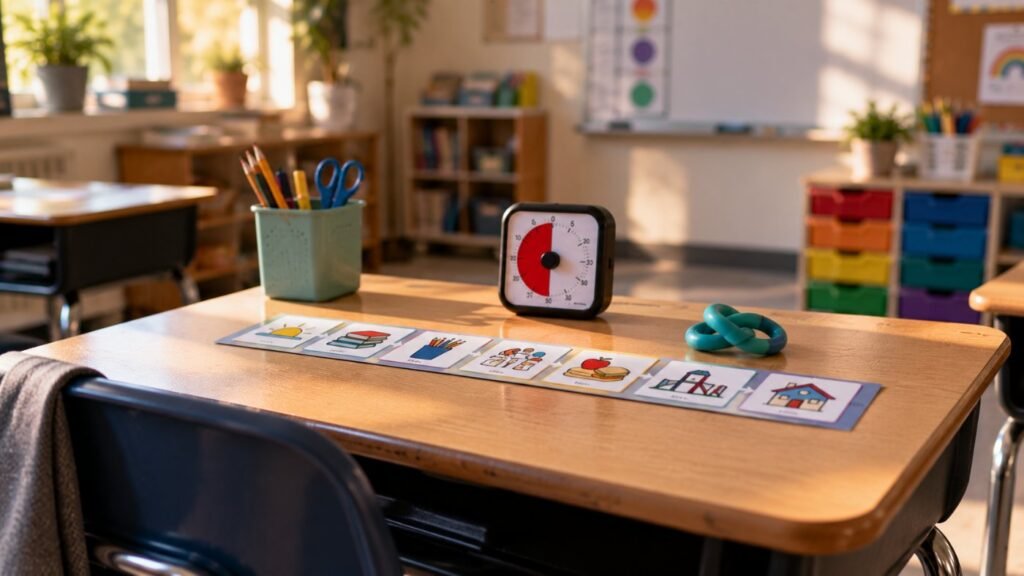 IEP goals for AuDHD students: a classroom desk with a visual schedule strip, a timer and a fidget tool