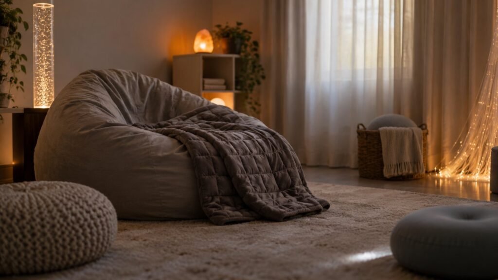 IEP goals for autistic burnout: a quiet sensory room with dim lights, a beanbag and a weighted blanket