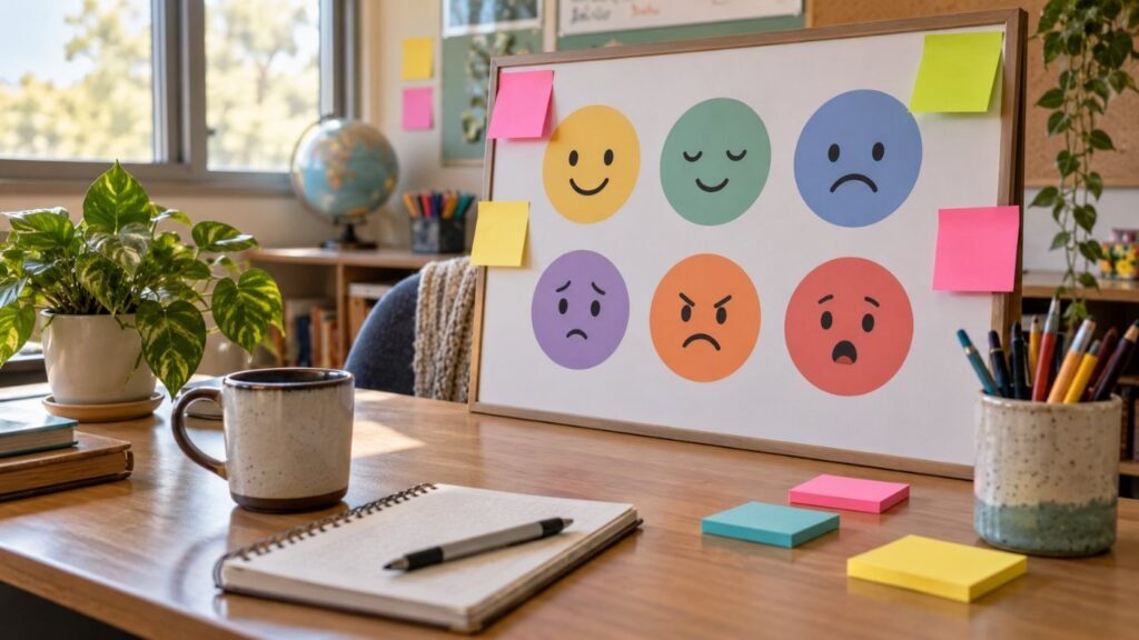IEP goals for RSD: a teacher desk with a feelings check-in chart using simple face icons and colorful sticky notes