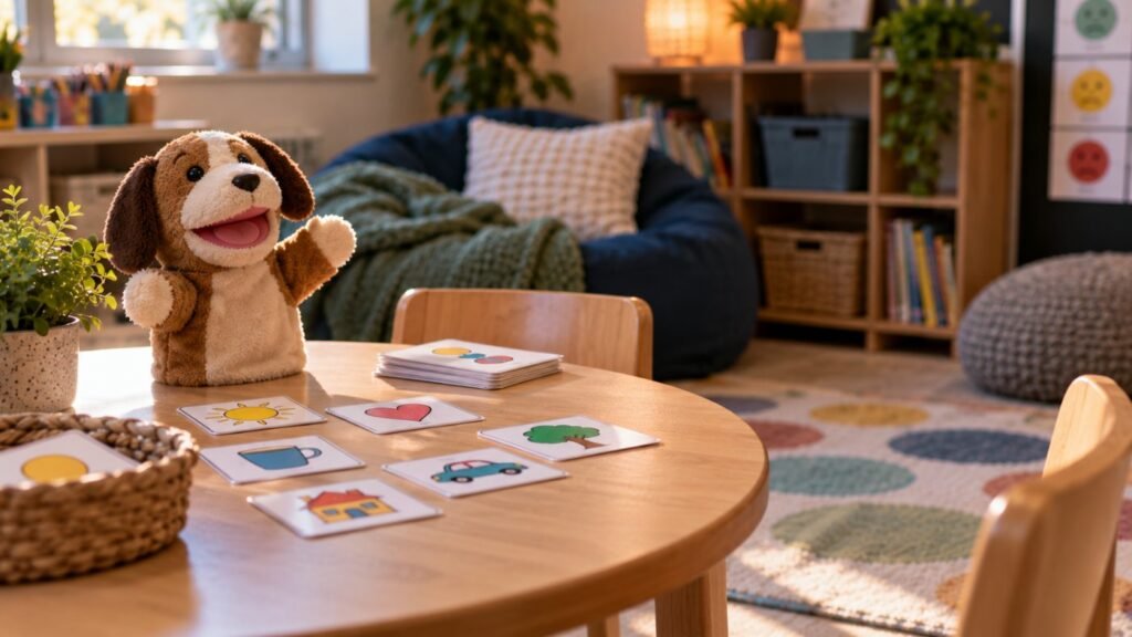 IEP goals for selective mutism: a calm classroom corner with a small hand puppet and communication cards on a low table