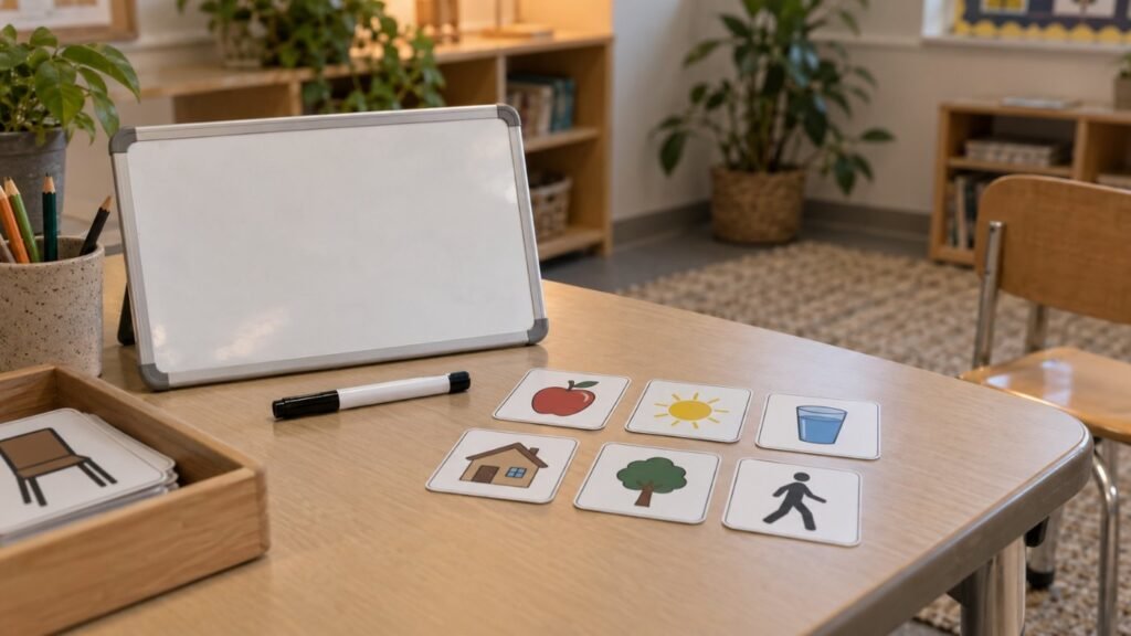 IEP goals for selective mutism: a small whiteboard, a marker and picture communication cards on a desk in a quiet classroom