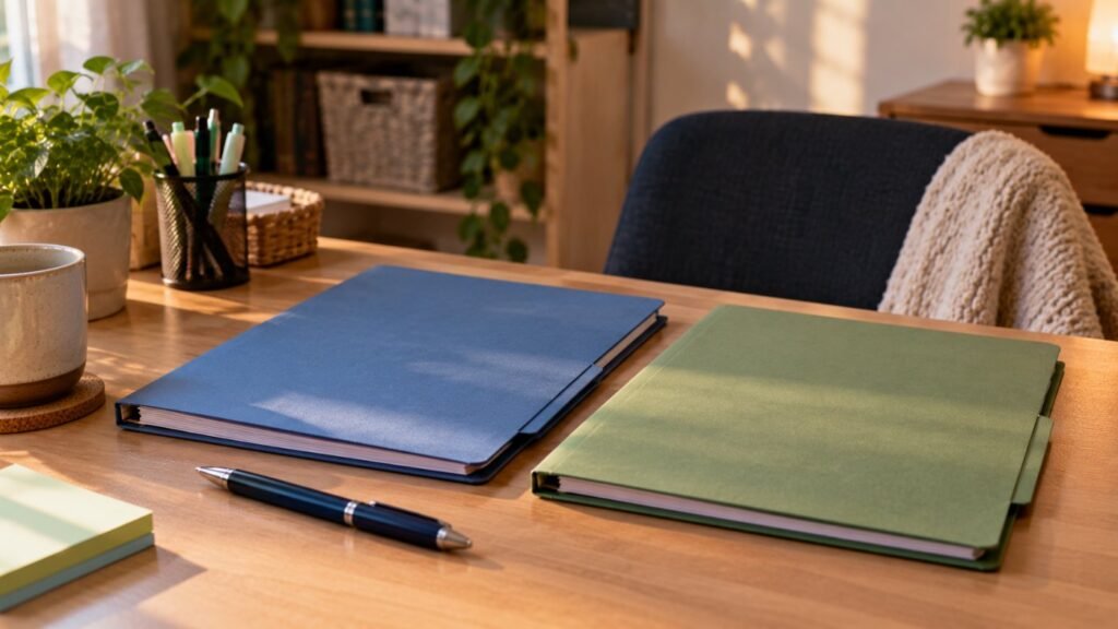 IEP vs 504 plan: two closed folders side by side on a desk, one blue and one green, with a pen