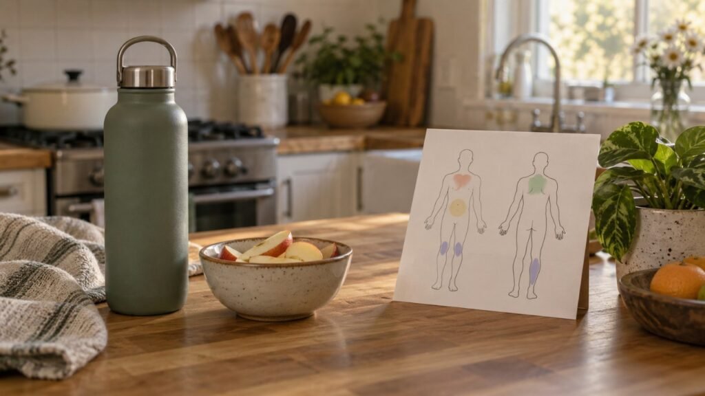 Interoception and emotional regulation: a body check-in chart beside water and a snack