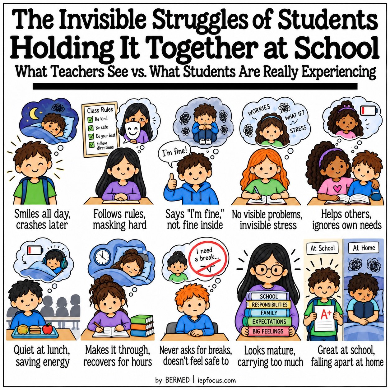 Invisible struggles of students infographic: holding it together at school, what teachers see vs. what students are really experiencing
