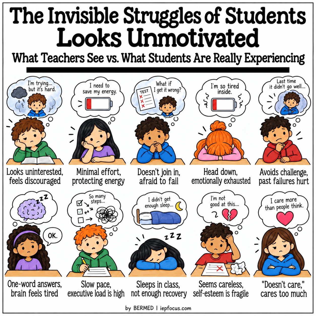 Invisible struggles of students infographic: looks unmotivated, what teachers see vs. what students are really experiencing