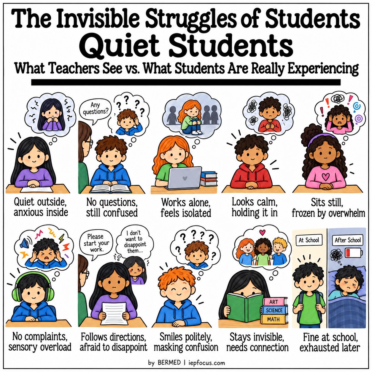Invisible struggles of students infographic: quiet students, what teachers see vs. what students are really experiencing