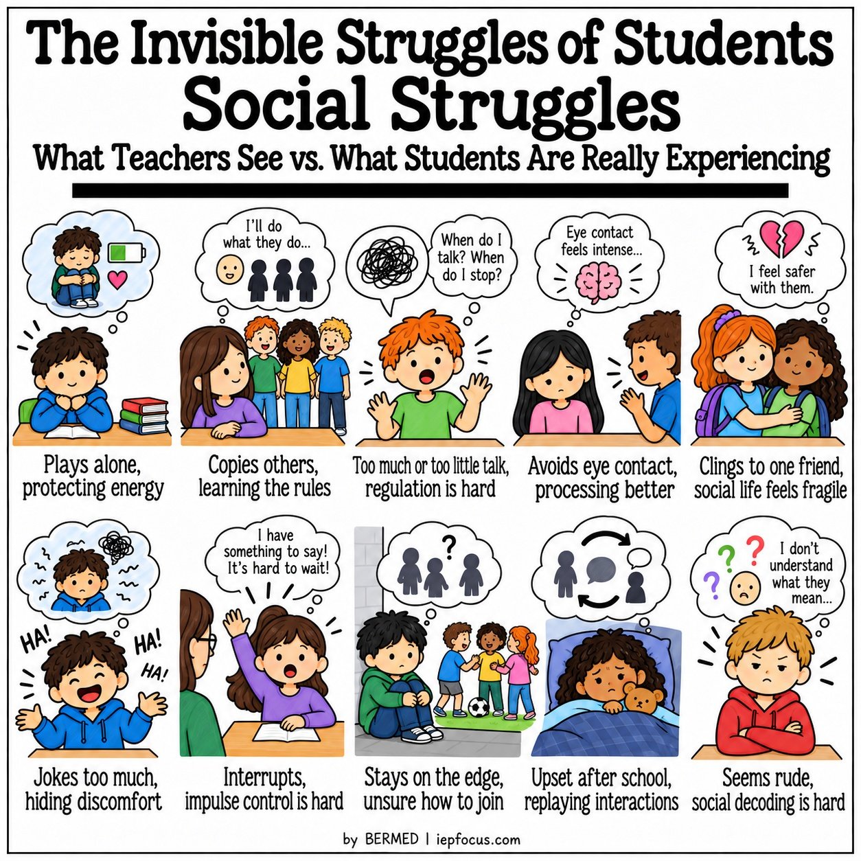 Invisible struggles of students infographic: social struggles, what teachers see vs. what students are really experiencing
