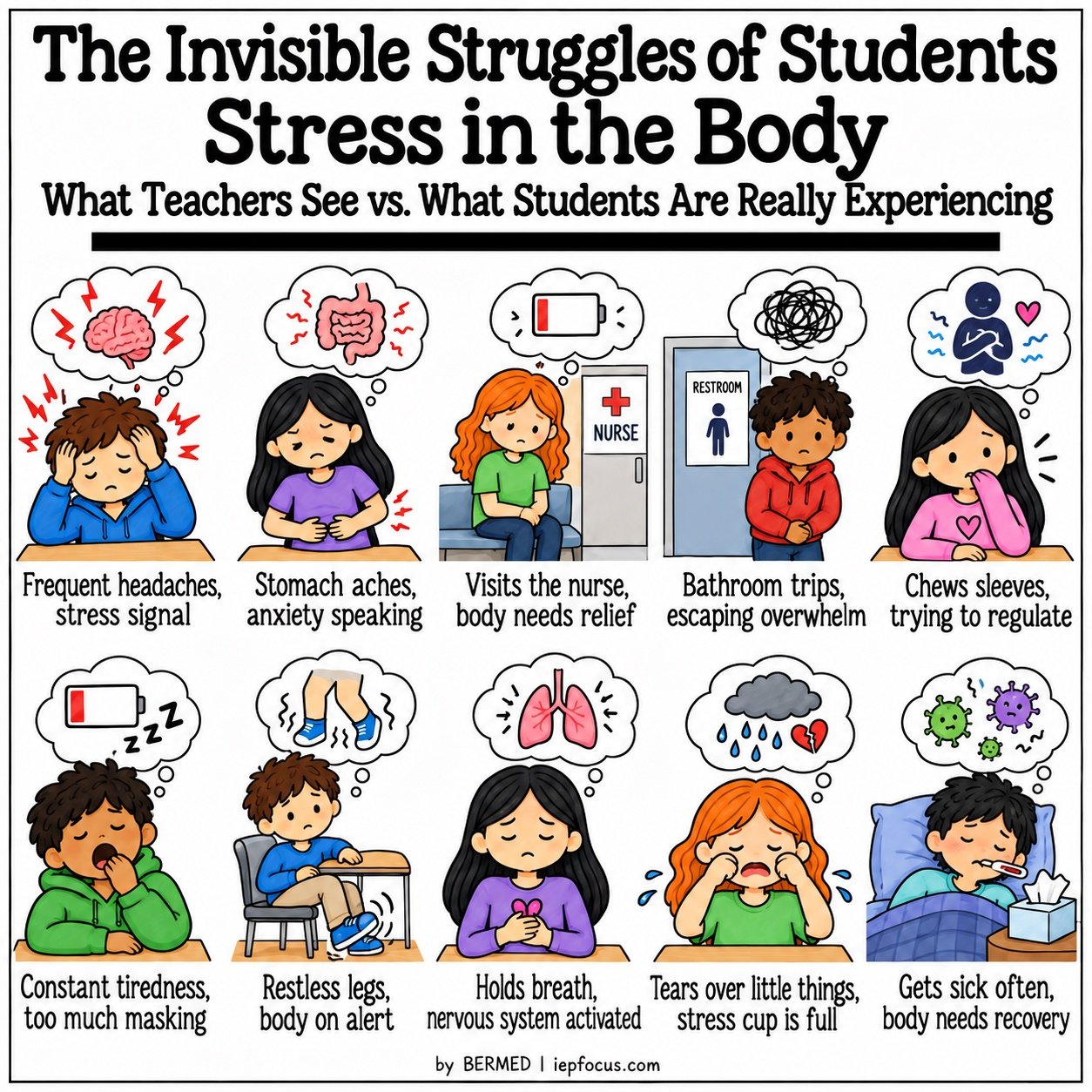 Invisible struggles of students infographic: stress in the body, what teachers see vs. what students are really experiencing