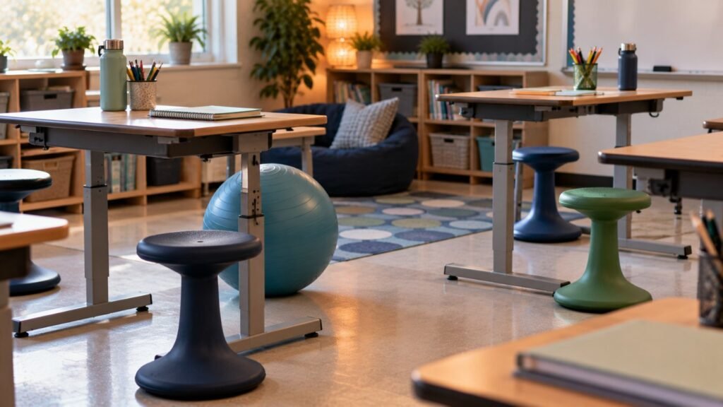 Manage hyperactivity in the classroom: a classroom with standing desks, wobble stools and a small exercise ball