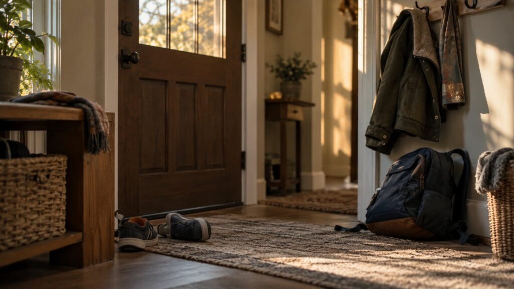Meltdown vs tantrum: a home entryway after school with shoes kicked off and a dropped backpack