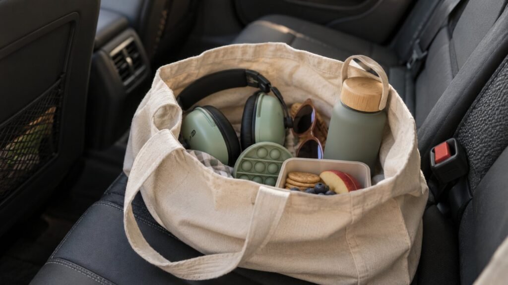 Meltdown vs tantrum: a portable calm kit with headphones, sunglasses, a fidget and snacks in the car