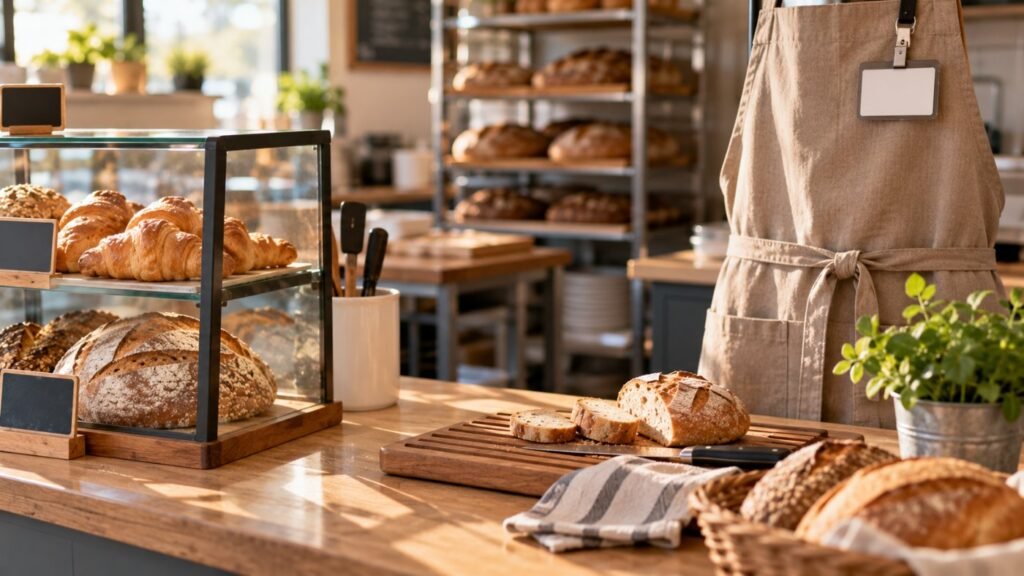 Misconceptions about Down syndrome: a bright bakery workplace counter with an apron, a blank name badge and fresh bread