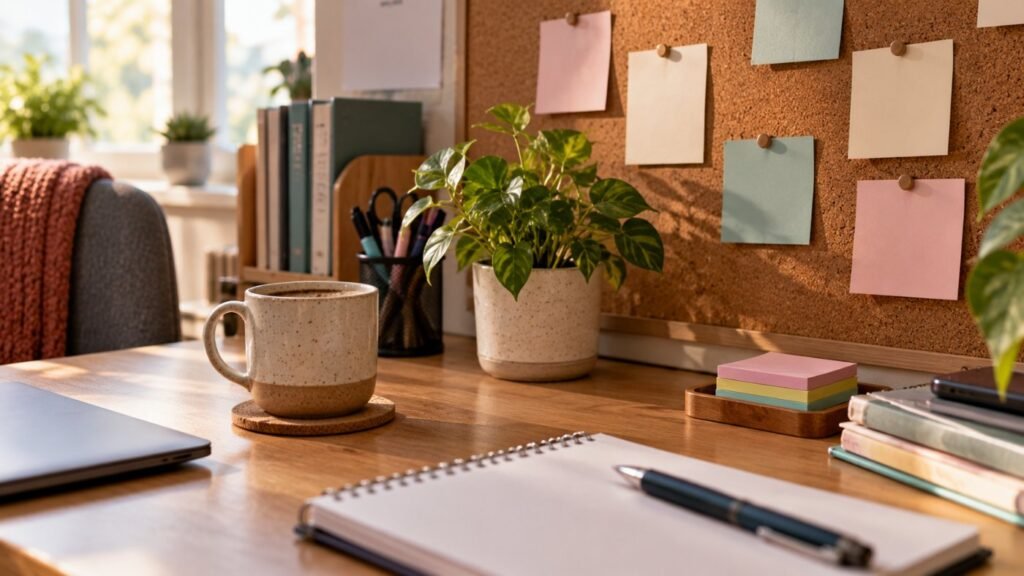 Motivational quotes for special education teachers: a teacher desk with a coffee mug, a small plant and blank inspiration cards pinned to a corkboard