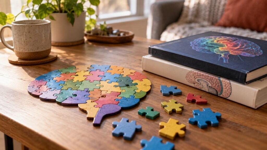 Neurodiversity: colorful puzzle pieces of many different shapes fitting together on a wooden table next to two books about the brain