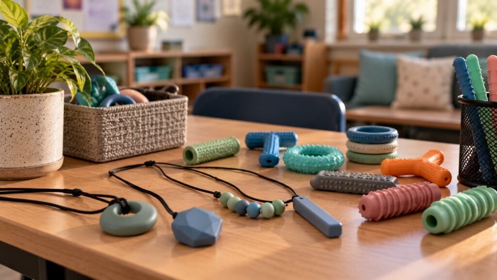 Non-food mouthing in autistic students: a set of safe silicone chew necklaces and chew tools neatly arranged on a classroom table