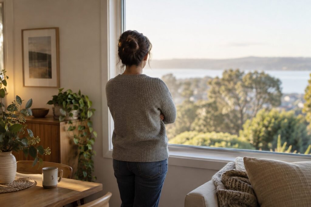 ODD symptoms in adults: an adult looking out a window with arms crossed