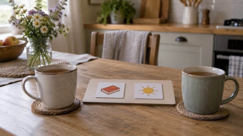 Pathological demand avoidance: two cups of tea on a kitchen table beside a simple choice board with two picture cards