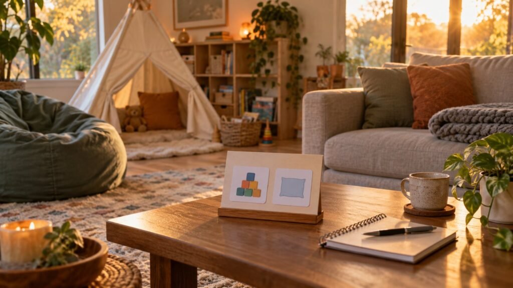 Pathological demand avoidance: a calm, low-demand family living room with a choice board and a quiet corner
