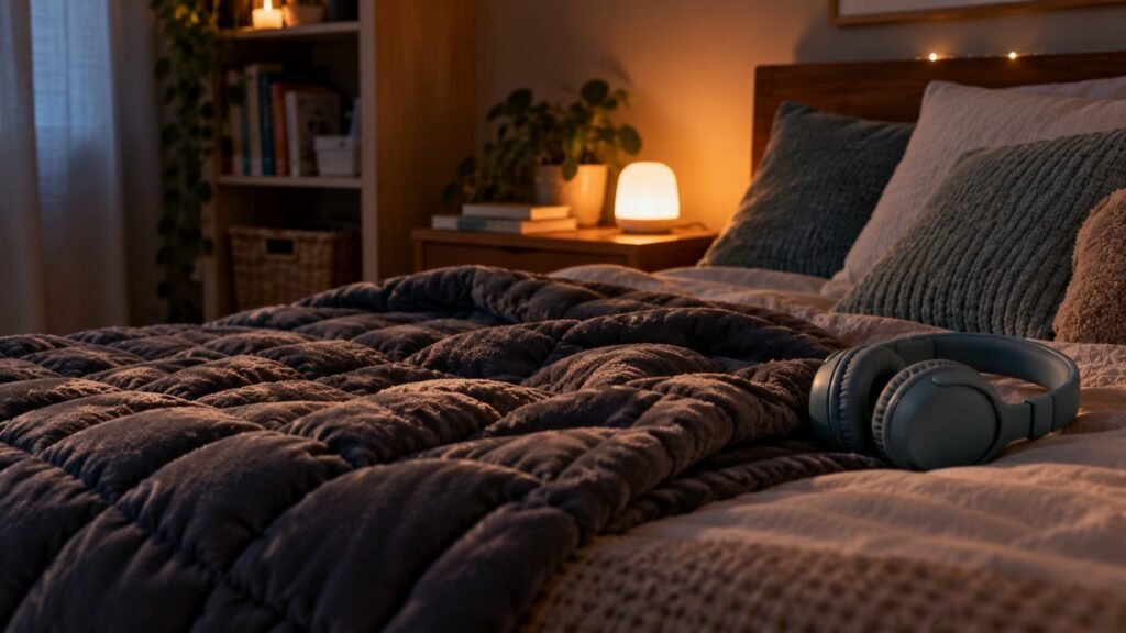 PDA and anxiety: a dim, calm bedroom with a weighted blanket, a small night light and headphones on the bed