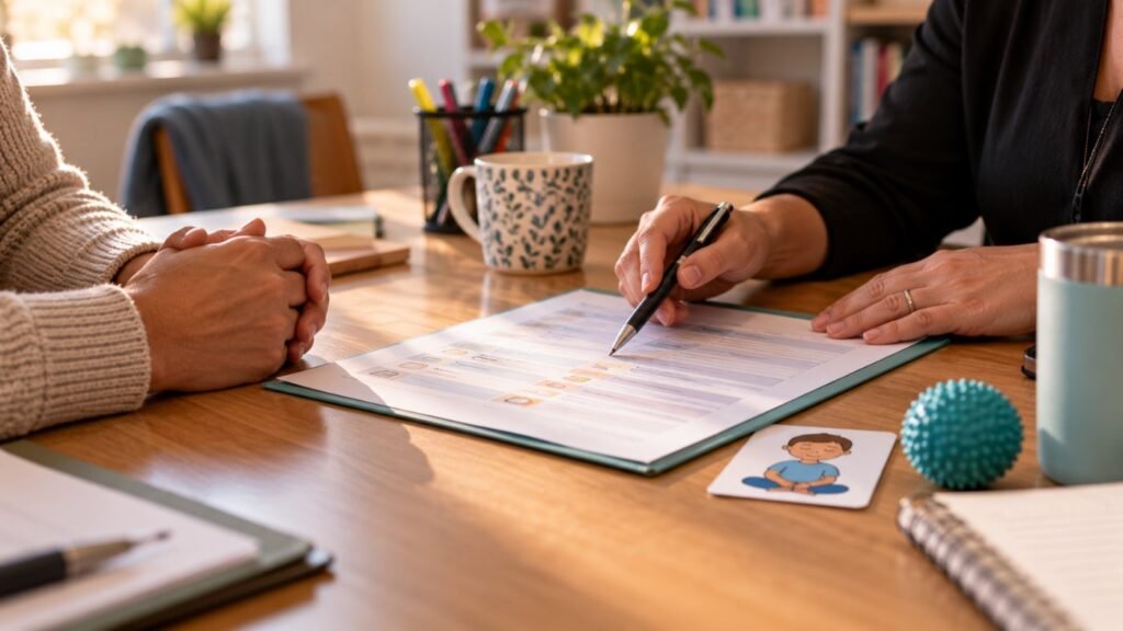 PDA IEP planning: adult hands of a teacher and a parent over a printed plan with blurred text on a meeting table, a calm-down card nearby