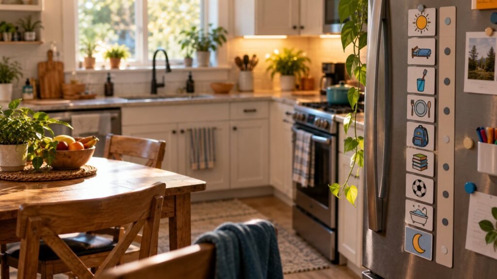 PDA strategies for parents: a family kitchen with a visual routine board of picture cards on the fridge, warm light