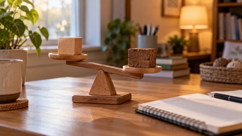PDA vs ODD: a wooden balance scale with two different wooden blocks on a desk next to an open notebook