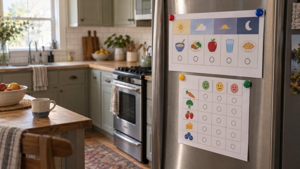 Visual meal schedule on a fridge to support picky eating in autistic children