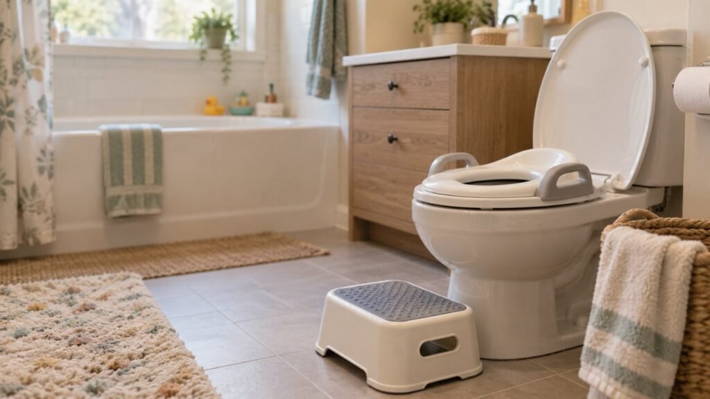 Potty training an autistic child: a calm bathroom with a step stool and toilet seat