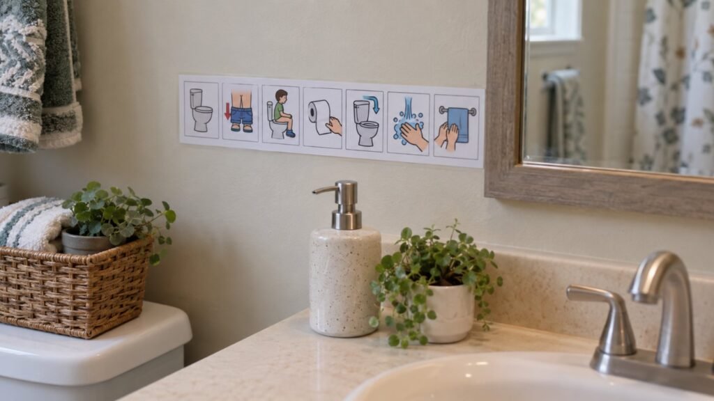 Visual steps on the bathroom wall for potty training an autistic child