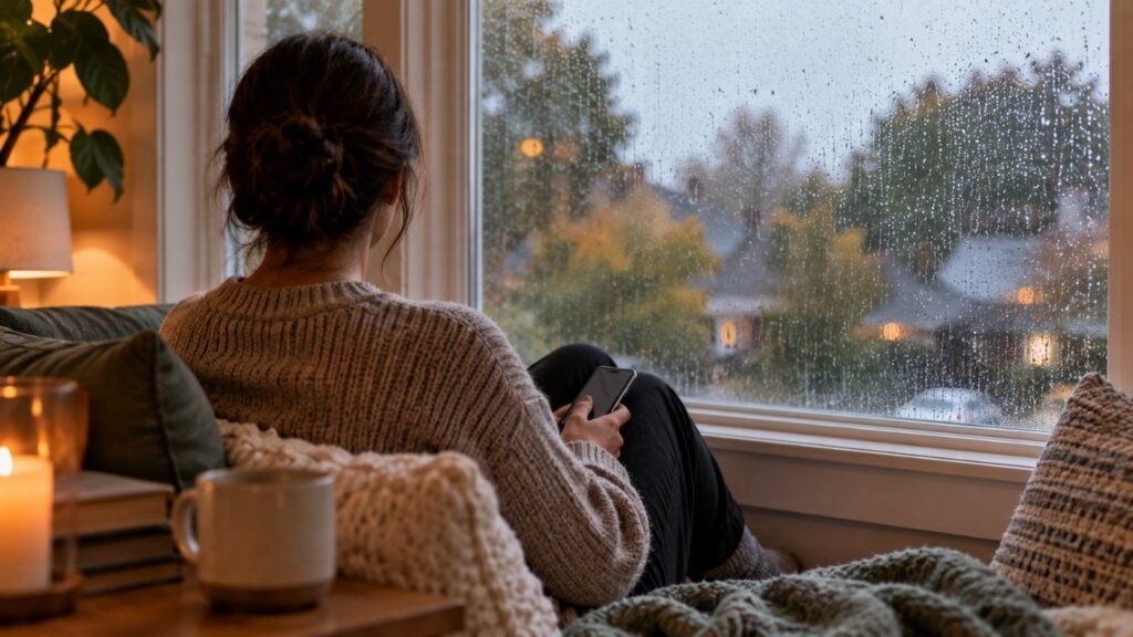 Rejection sensitive dysphoria: an adult sitting alone on a window seat seen from behind, holding a phone face down, rainy window