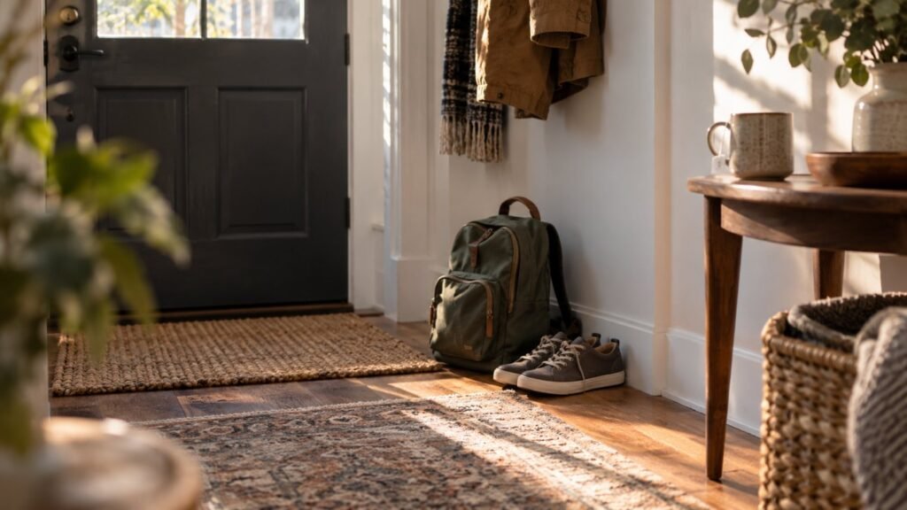 Morning at home with a backpack by the door, a hard moment in school refusal