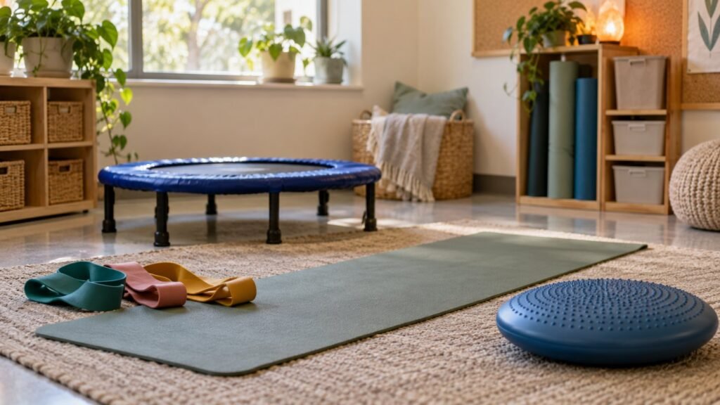 Sensory breaks in the classroom: a movement corner with mat and trampoline