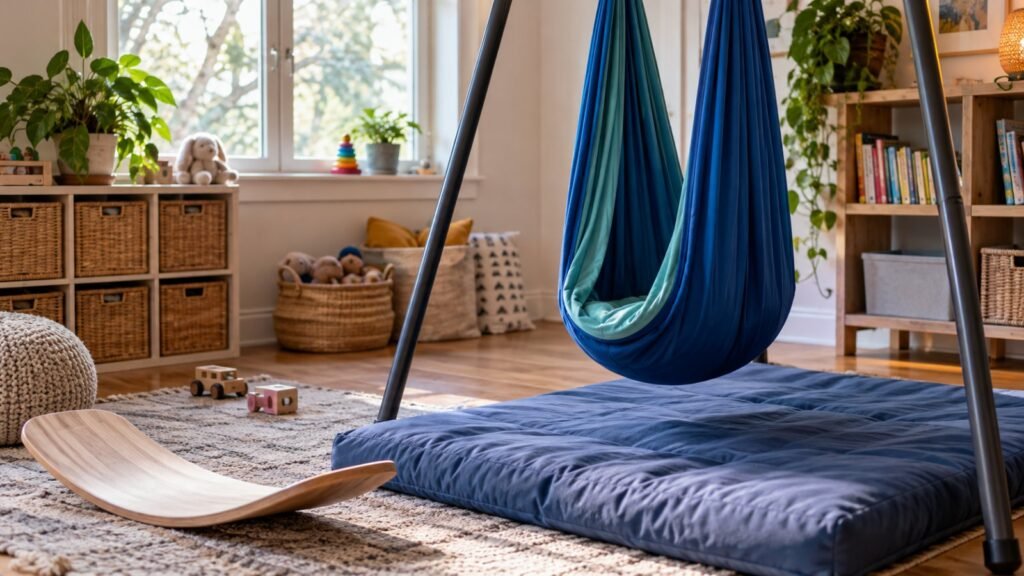 A home sensory corner with an indoor swing, a crash pad and a balance board