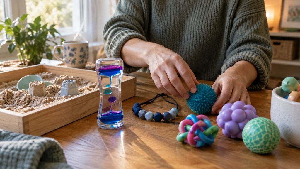 Tactile sensory gifts: kinetic sand, a motion bubbler, a chew necklace and fidgets